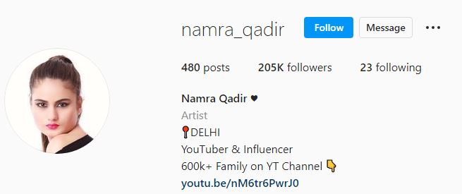 Namra's Instagram account