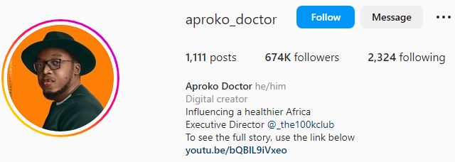 Aproko Doctor's Instagram account