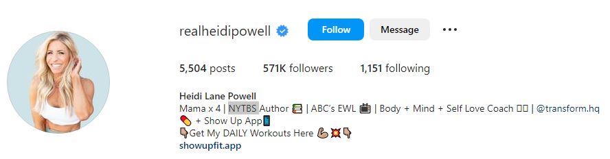 Heidi's Instagram account