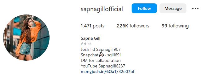 Sapna's Instagram account