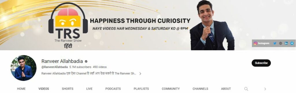 Ranveer Allahbadia Youtube channel