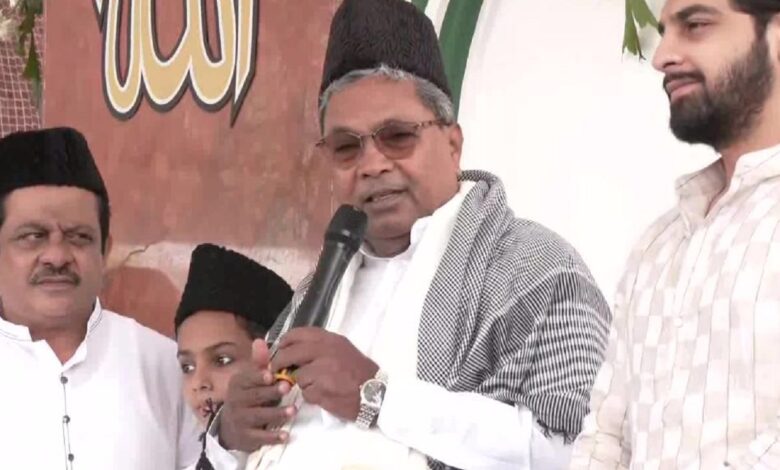 Karnataka CM Siddaramaiah attends mass prayer at Eidgah ground in Chamarajpet on the occasion of Eid al-Adha