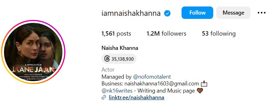 Naisha Khanna's Instagram accoun