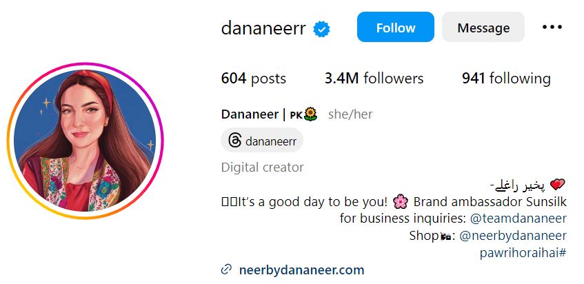 Dananeer Mobeen's Instagra account