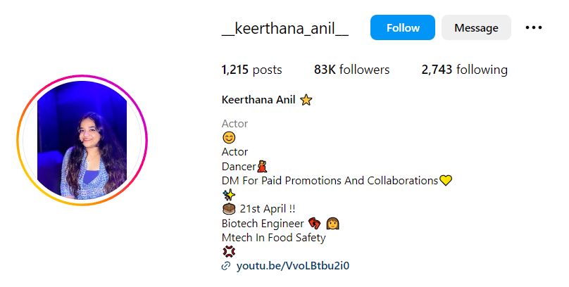 Keerthana Anil's Intagram account