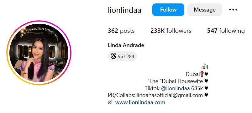 Linda Andrade's Instagram account