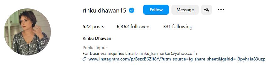 Rinku Dhawan's Instagram account