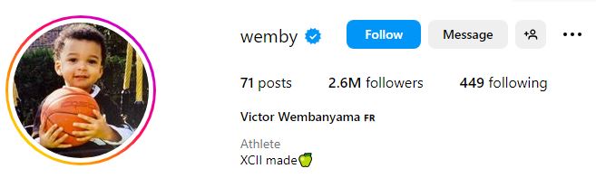 Victor Wembanyama's Instagram account