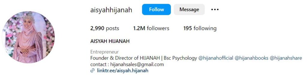 Aisyah Hijanah's Instagram account