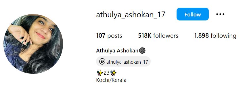 Athulya Ashokan's Instagram account