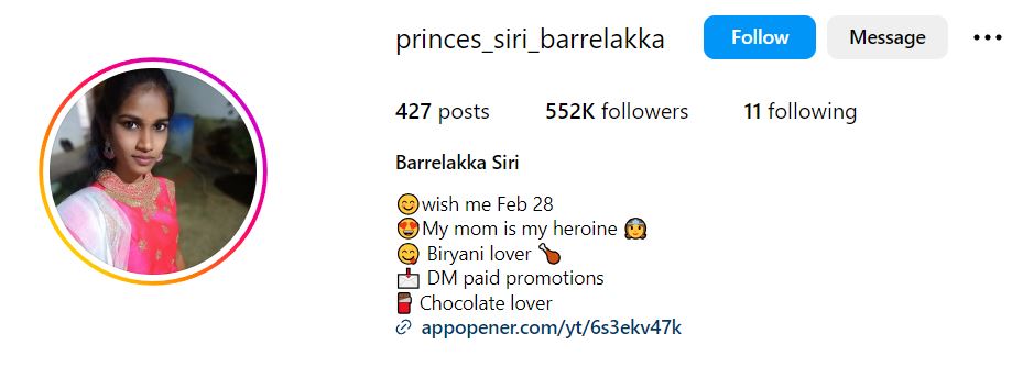 Barrelakka Siri's Instagram account