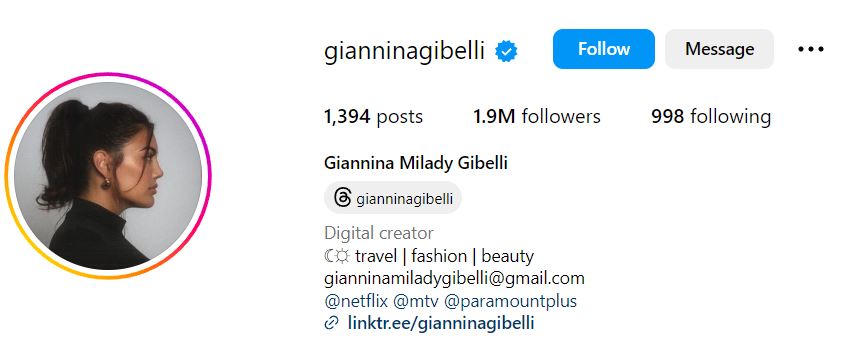 Giannina Gibelli's Instagram acount