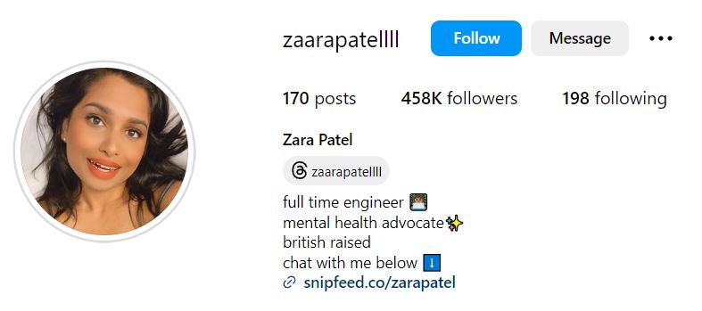 Instagram account of Zara Patel