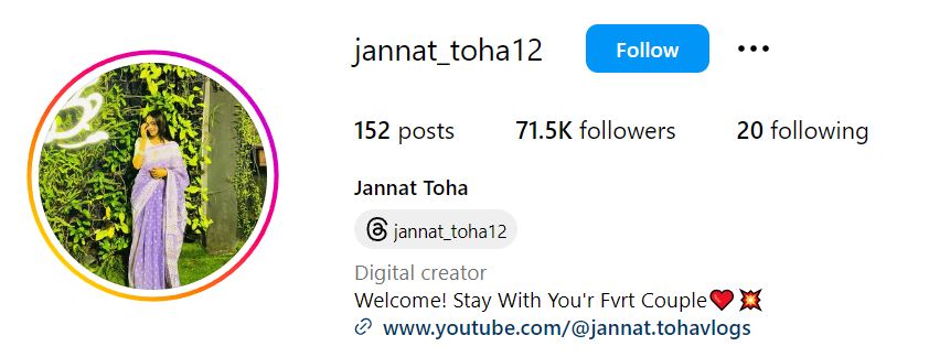 Jannat Toha's Instagram account