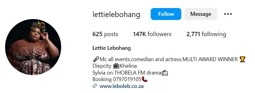 Lebohang Mpyana's Instagran account