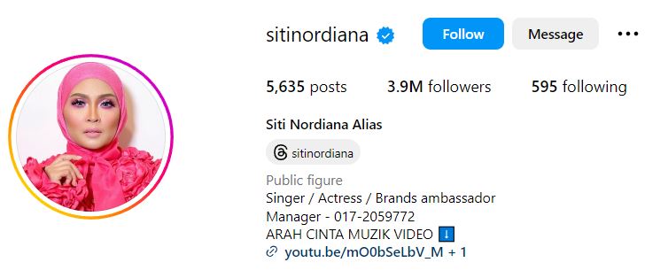 Siti Nordiana's Instagram account