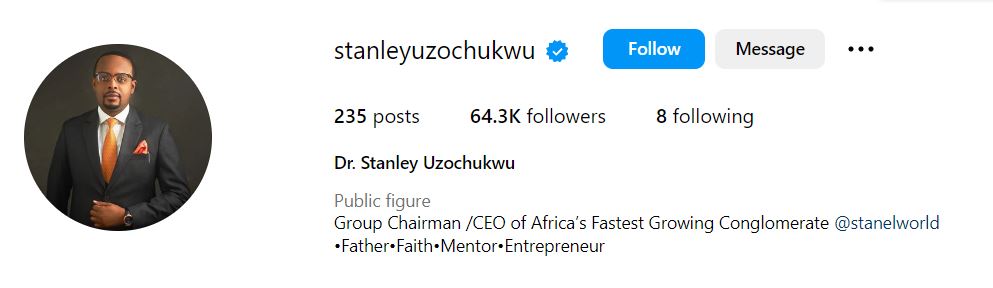 Stanley Uzochukwu's Instagram account