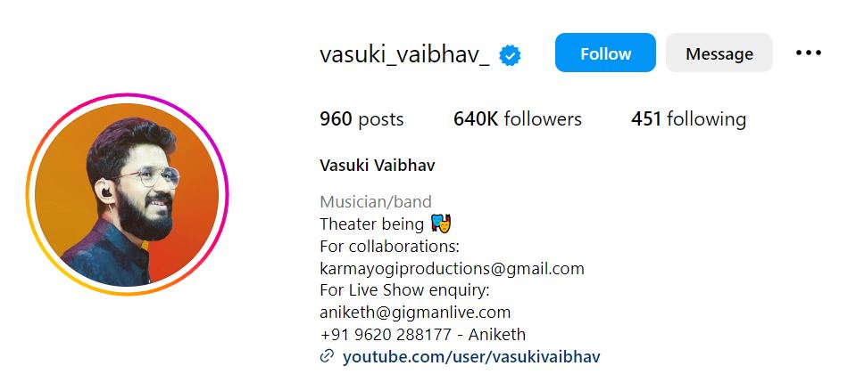Vasuki Vaibhav's Instagram account