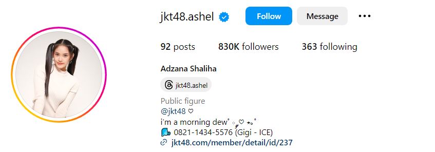 Adzana Shaliha's Instagram account