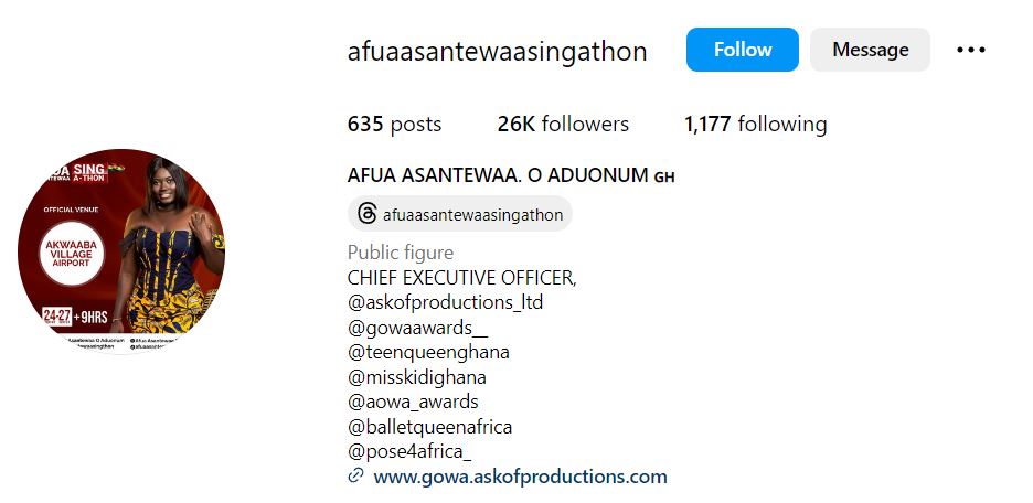 Afua Asantewaa's Instagram account