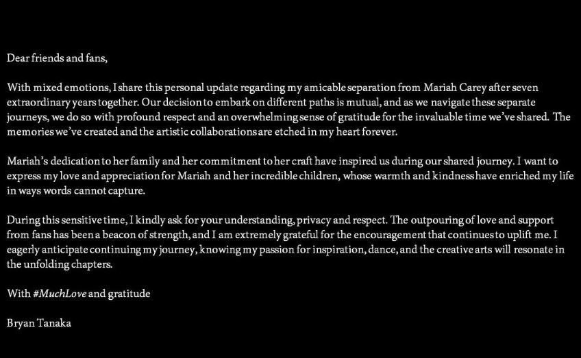 Bryan Tanaka confirms separtion from Mariah Carey
