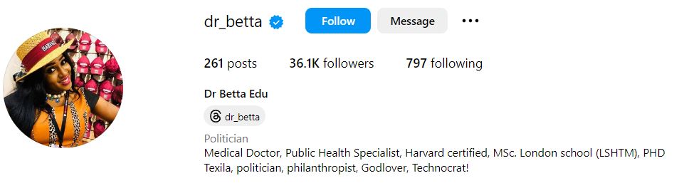 Dr Betta Edu's Instagram account