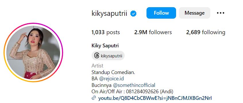Kiky Saputri's Instagram account