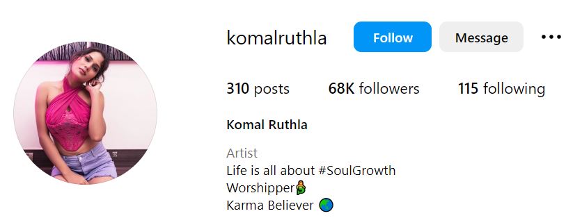 Komal Ruthala's Instagram account