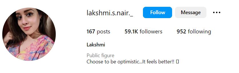 Lakshmi S Nair's Instagram account