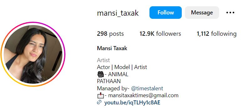 Mansi Taxak's Instagram account