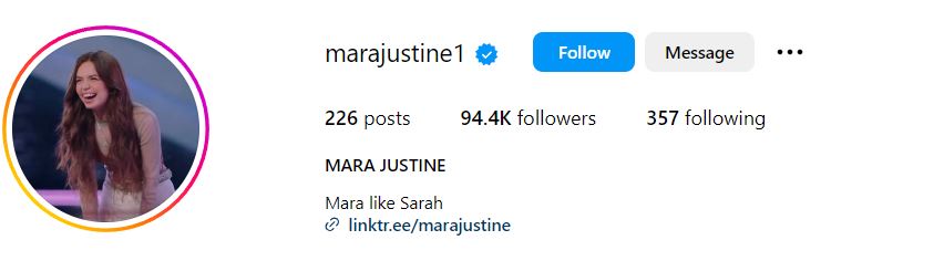 Mara Justine's Instagram account