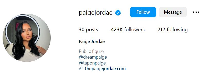 Paige Jordae's Instagram account