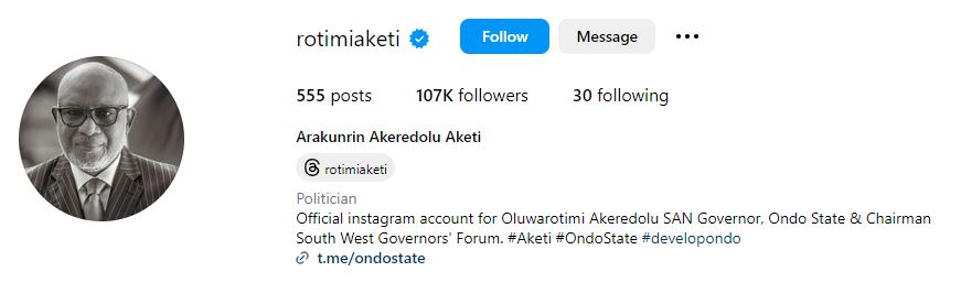 Rotimi Akeredolu's Instagram account