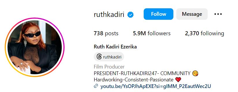Ruth Kadiri's Instagram account
