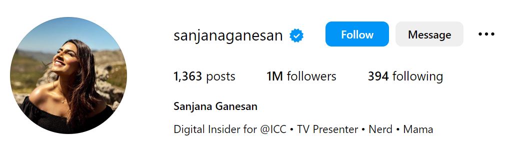 Sanjana Ganesan's Instagram account