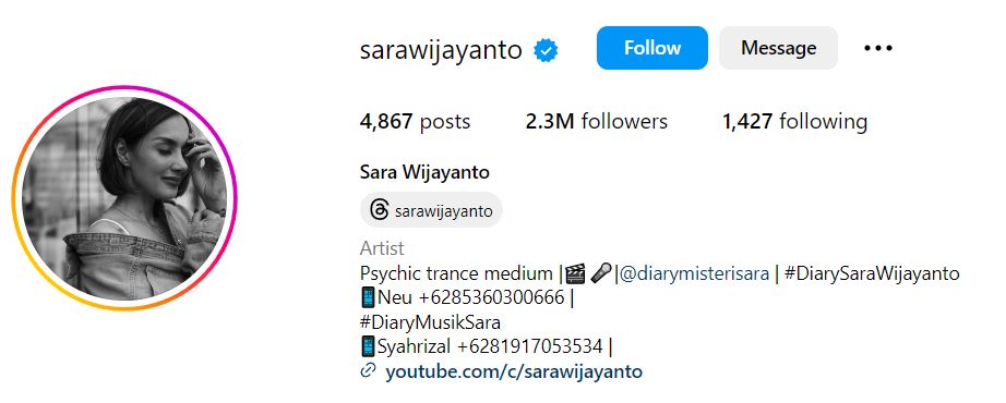 Sara Wijayanto's Instagram account