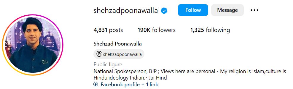 Shehzad Poonawalla's Instagram account