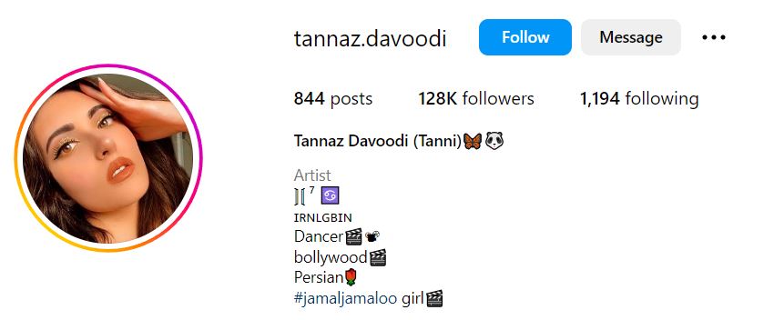 Tannaz Davoodi's Instagram account
