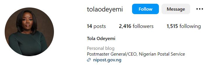 Tola Odeyemi's Instagram account