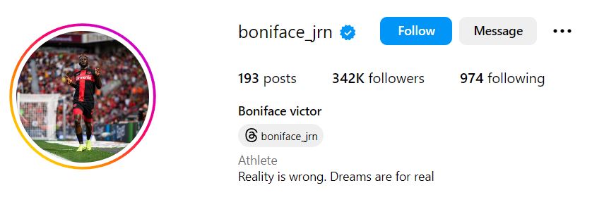 Victor Boniface's Instagram account