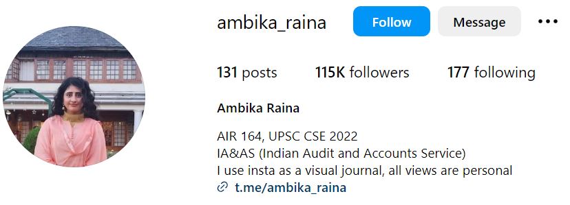 Ambika Raina's Instagram account
