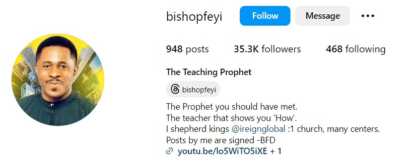Bishop Feyi Daniels' Instagram account