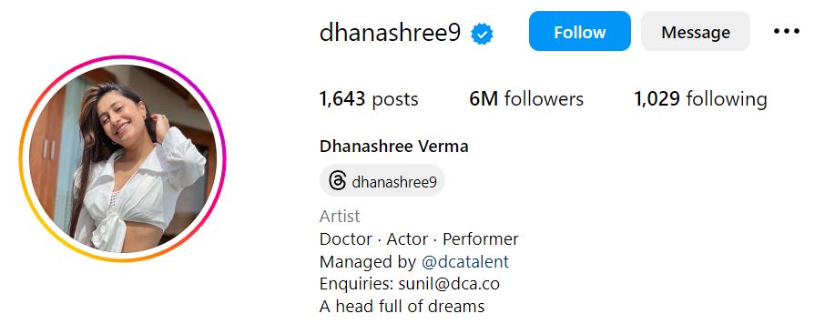 Dhanashree Verma's Instagram account