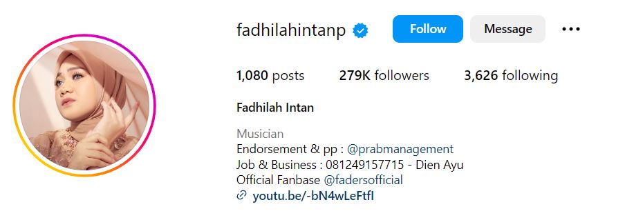 Fadhilah Intan's Instagram account