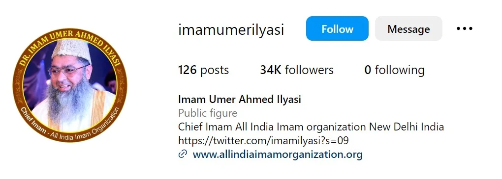 Imam Umer Ahmed Ilyasi's Instagram account