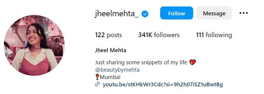 Jheel Mehta's Instagram account