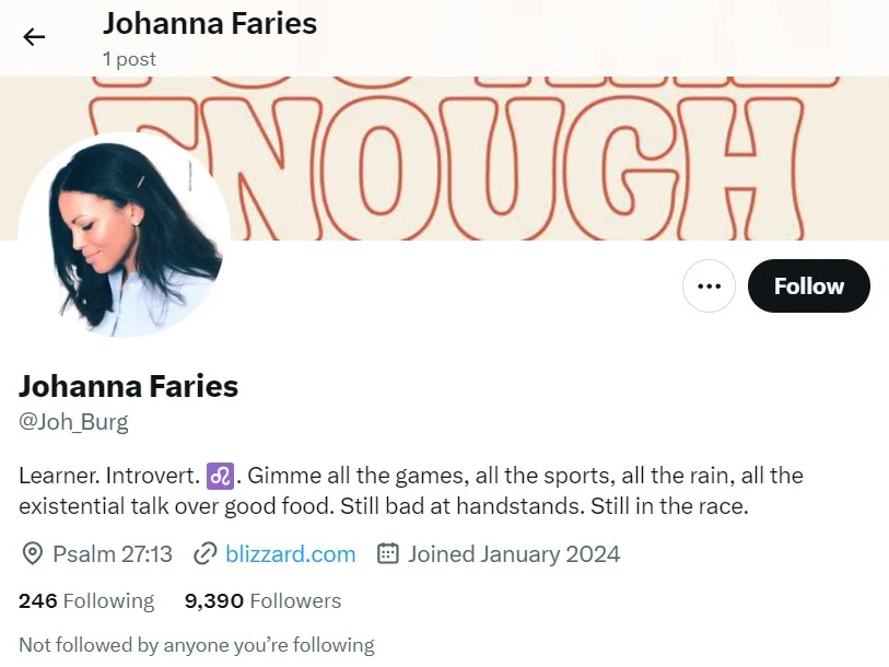 Johanna Faries' Twitter account