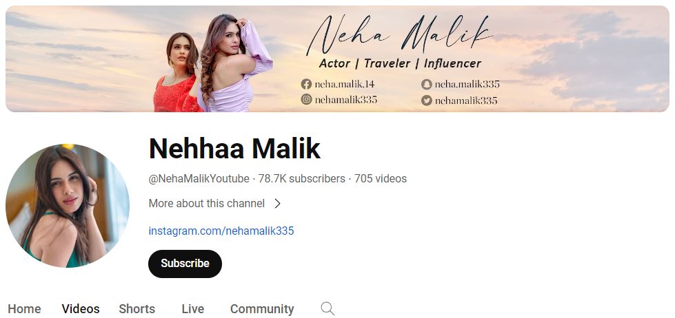 Neha Malik's Youtube channel