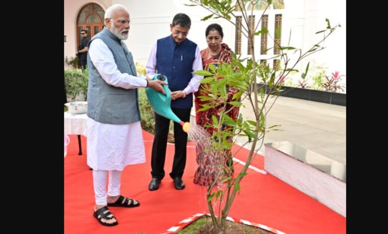 PM Modi and TN Governor Ravi Go Green Plant Rudraksha Saplings on Raj Bhavan Premises