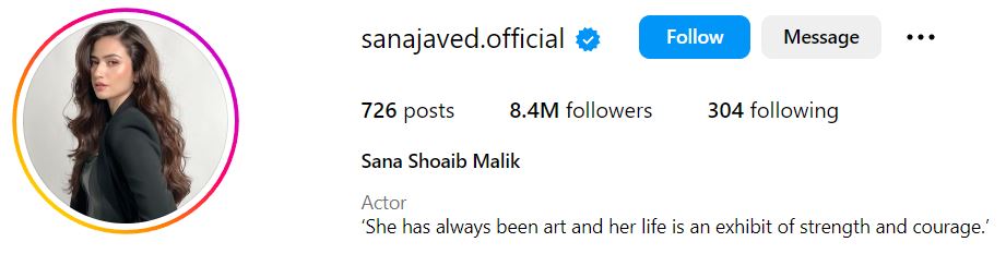 Sana Javed's Instagram account